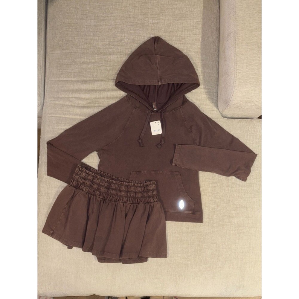 Free People Movement Hot Shot Smocked Skirt Set Hoodie Top Cocoa Medium NEW NWT - Picture 7 of 12